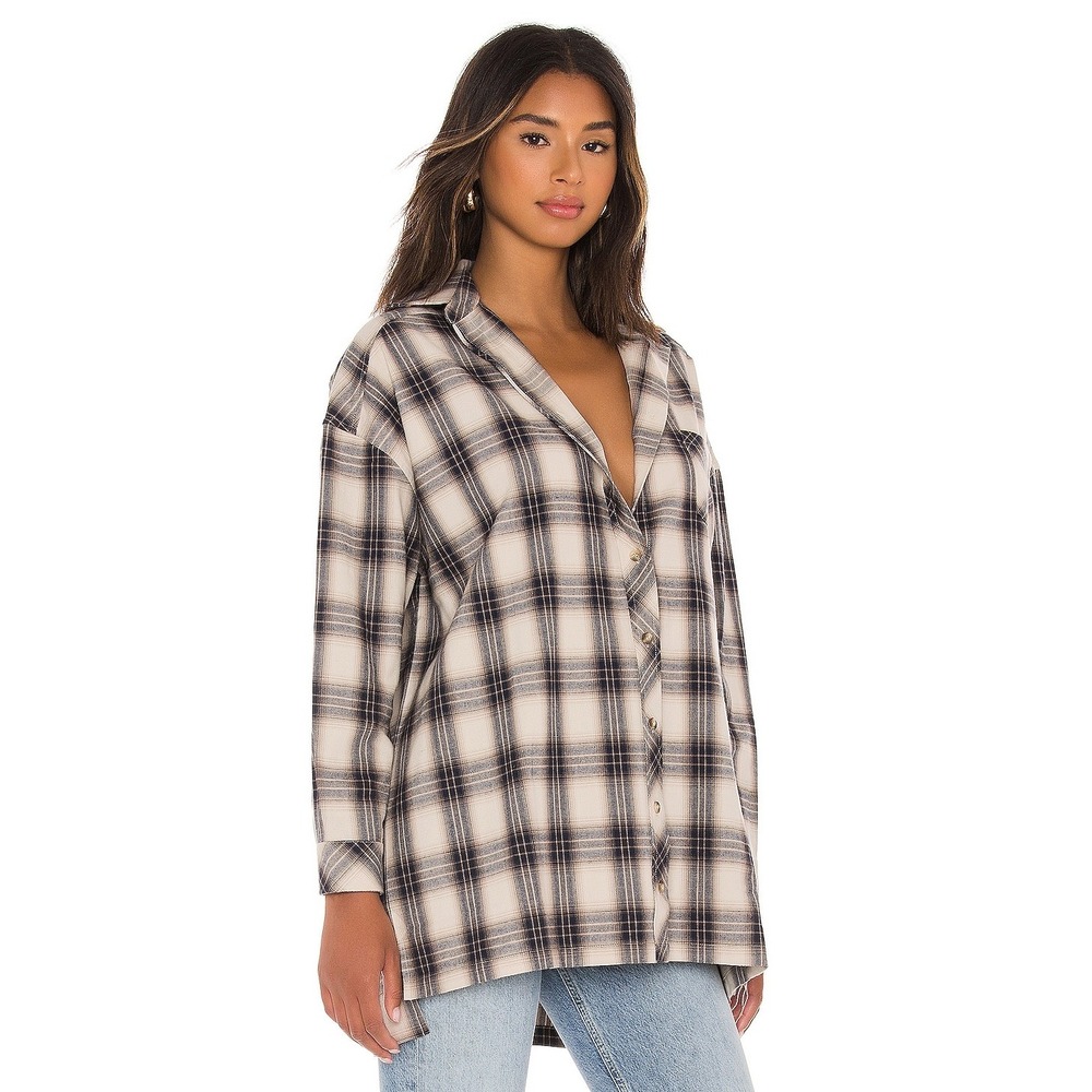 LOVERS AND FRIENDS Oversized Plaid‎ Button Down Shirt Beige Blue Women's Size S
